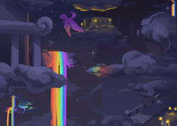 Size: 2800x2000 | Tagged: safe, artist:santagiera, pegasus, pony, building, cloudsdale, flying, night, rainbow waterfall, scenery, sky, stars, streetlight