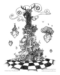 Size: 972x1224 | Tagged: safe, artist:halfsparkle, discord, draconequus, chaos, checkerboard, discord's throne, floating island, grayscale, male, monochrome, solo, throne