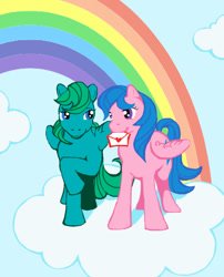 Size: 516x640 | Tagged: safe, artist:canis-m, firefly, medley, pegasus, pony, cloud, cloudy, duo, envelope, female, flymed, hooves, lesbian, letter, mare, mouth hold, on a cloud, rainbow, raised hoof, shipping, standing, standing on cloud, wings