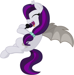 Size: 1280x1298 | Tagged: safe, artist:furrgroup, oc, oc only, oc:sweet hum, bat pony, pony, floating, flying, microphone, singing