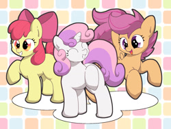 Size: 1334x1009 | Tagged: safe, artist:yasumitsu, apple bloom, scootaloo, sweetie belle, earth pony, pegasus, pony, unicorn, cute, cutie mark crusaders, female, filly, open mouth, pixiv, smiling