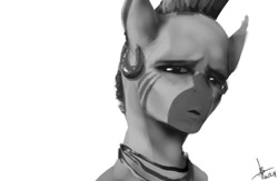 Size: 610x397 | Tagged: safe, artist:adolphbartels, zecora, anthro, zebra, ambiguous facial structure, ambiguous gender, grayscale, lineless, looking at you, monochrome, simple background, solo, white background