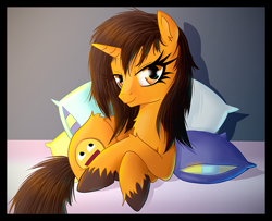 Size: 790x640 | Tagged: safe, artist:prodius, oc, oc only, pony, unicorn, female, looking at you, pillow, solo