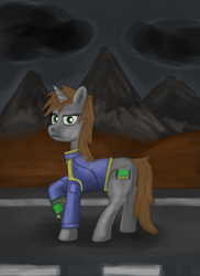 Size: 637x877 | Tagged: safe, artist:sadlylover, oc, oc only, oc:littlepip, pony, unicorn, fallout equestria, clothes, cloud, cloudy, crossover, cutie mark, fanfic, fanfic art, female, hooves, horn, mare, pipbuck, raised hoof, solo, vault suit, wasteland