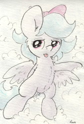 Size: 679x1007 | Tagged: safe, artist:slightlyshade, flitter, cloud, on back, solo, spread wings, tongue out, traditional art