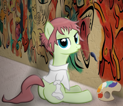 Size: 2537x2186 | Tagged: artist needed, source needed, safe, katawa shoujo, mouth hold, mural, paintbrush, palette, ponified, rin tezuka, sitting, solo