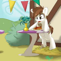 Size: 2000x2000 | Tagged: safe, artist:farewelldecency, pipsqueak, earth pony, pony, bush, cloud, colt, eating, flower, hay, male, pipsqueak eating spaghetti, ponyville, restaurant, signature, sky, smiling, solo, spaghetti, vase