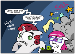 Size: 1048x746 | Tagged: safe, artist:catfood-mcfly, little red, sweetie belle, fury belle, money, parody