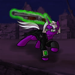 Size: 1000x1000 | Tagged: safe, pony, unicorn, fallout equestria, action pose, clothes, gun, saddle bag, shotgun