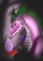 Size: 2480x3507 | Tagged: safe, artist:stagetechy1991, artist:stagetechyart, spike, dragon, egg, older, scar, solo