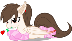 Size: 2085x1204 | Tagged: safe, artist:zacatron94, oc, oc only, oc:rose petal, bat pony, pony, clothes, draw me like one of your french girls, flower, flower in mouth, mouth hold, rose, socks, solo, striped socks, sultry pose, vector