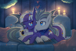 Size: 1024x683 | Tagged: safe, artist:stasysolitude, oc, oc only, oc:armor shield, oc:sweet lullaby, bat pony, pony, candle, female, love, male, shipping, snuggling, straight