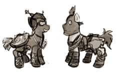 Size: 589x364 | Tagged: safe, artist:trickybandit, fallout equestria, monochrome, raider, raiders