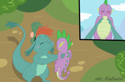 Size: 1280x844 | Tagged: safe, artist:caluriri, spike, dragon, blushing, nessie, spikelove, sweatdrop, the ballad of nessie