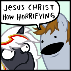 Size: 2986x2958 | Tagged: safe, artist:outlawedtofu, oc, oc only, oc:littlepip, oc:velvet remedy, pony, unicorn, fallout equestria, fanfic, fanfic art, female, horn, jesus christ how horrifying, mare, meme, vector