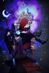 Size: 1037x1549 | Tagged: safe, artist:nahuisan, nightmare moon, human, cosplay, irl, irl human, midriff, photo, skull, solo, staff, throne