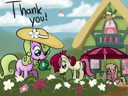 Size: 1280x960 | Tagged: safe, artist:why485, daisy, flower wishes, lily, lily valley, roseluck, oc, ask, ask the flower trio, cloud, cloudy, flower, flower trio, garden, gardening, hat, mouth hold, rose, tumblr, watering can