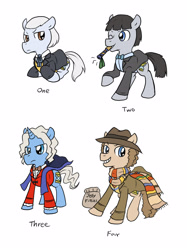 Size: 1195x1600 | Tagged: safe, artist:blueskirby, bowtie, clothes, cravat, doctor who, fedora, first doctor, fourth doctor, frock coat, ponified, scarf, second doctor, shirt, smoking jacket, third doctor, trenchcoat, tweed, waistcoat