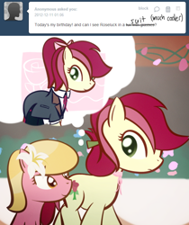 Size: 650x773 | Tagged: safe, artist:why485, lily, lily valley, roseluck, ask, ask the flower trio, clothes, tumblr