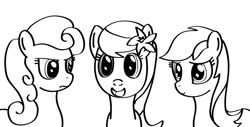 Size: 1024x520 | Tagged: safe, artist:why485, daisy, flower wishes, lily, lily valley, roseluck, ask, ask the flower trio, flower trio, monochrome, tumblr