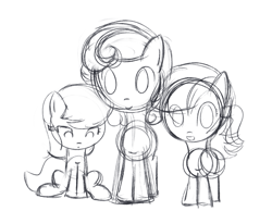 Size: 965x749 | Tagged: safe, artist:why485, daisy, flower wishes, lily, lily valley, roseluck, ask, ask the flower trio, filly, flower trio, monochrome, sketch, tumblr, younger