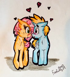 Size: 1877x2046 | Tagged: safe, artist:finnfangirl, babs seed, snips, bips, female, heart, hilarious in hindsight, male, shipping, straight, traditional art