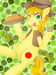 Size: 600x800 | Tagged: safe, artist:divided-s, braeburn, apple pie, cupcake, pixiv, solo