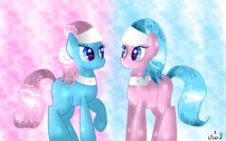 Size: 1920x1200 | Tagged: safe, artist:pexxastar, aloe, lotus blossom, earth pony, pony, blue coat, blue mane, female, mare, pink coat, pink mane, siblings, sisters