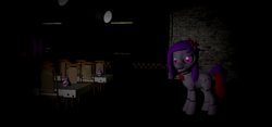 Size: 1024x480 | Tagged: safe, artist:birdivizer, artist:rainbinedashie, oc, oc only, oc:silent song, robot, animatronic, creepy, cute, five nights at aj's, five nights at freddy's, glowing eyes, sharp teeth, solo