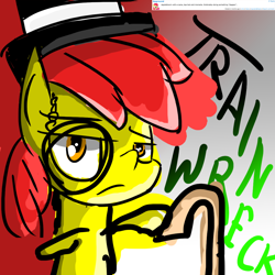Size: 1000x1000 | Tagged: safe, artist:train wreck, apple bloom, cane, commission, hat, like a sir, monocle, request, solo, top hat