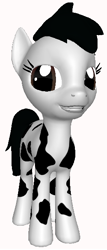 Size: 260x606 | Tagged: safe, artist:darth-silas, cow, earth pony, hybrid, pony, 3d, 3d pony creator, black hair, blank slate, bovine, brown eyes, female, half-breed, holstein, mare, pony creator 3d, ponylumen, smiling, spots