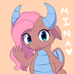 Size: 900x900 | Tagged: safe, artist:joyfulinsanity, idw, mina, dragon, spoiler:comic, chibi, claws, cute, dragon wings, dragoness, fangs, female, horns, minabetes, simple background, smiling, solo, text, waving, wings