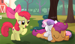 Size: 3314x1953 | Tagged: safe, artist:matty4z, artist:shutterflyeqd, apple bloom, scootaloo, sweetie belle, adorabloom, cute, cutealoo, cutie mark, cutie mark crusaders, diasweetes, open mouth, raised hoof, sleeping, the cmc's cutie marks