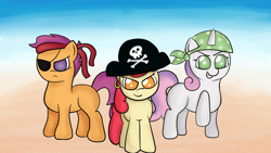 Size: 1920x1080 | Tagged: safe, artist:php26, apple bloom, scootaloo, sweetie belle, beach, cutie mark crusaders, pirate