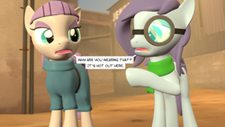 Size: 1280x720 | Tagged: safe, artist:camchao, maud pie, oc, oc:aural harmony, earth pony, pony, 3d, ambiguous gender, blank flank, clothes, dialogue, female, goggles, mare, scarf, source filmmaker, team fortress 2