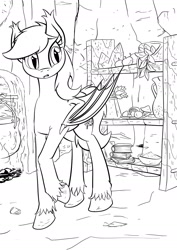 Size: 1169x1653 | Tagged: safe, artist:darkhestur, oc, oc only, oc:kyna, bat pony, pony, druid, female, ingredients, lineart, mare, monochrome, shelf, solo