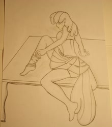 Size: 1131x1284 | Tagged: artist needed, safe, cheerilee, human, clothes, dress, humanized, monochrome, sketch, solo, stockings, table, tailed humanization, traditional art