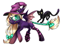 Size: 1000x707 | Tagged: safe, artist:moenkin, oc, oc only, oc:nekro, oc:stitchy, bat pony, cat, pony, bow, clothes, hat, simple background, socks, striped socks, tongue out, transparent background, witch