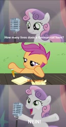 Size: 870x1674 | Tagged: safe, scootaloo, sweetie belle, bloom and gloom, bad sweetie belle joke, german, pun