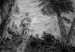 Size: 3255x2248 | Tagged: safe, artist:modecom1, oc, oc only, monochrome, mountain, scenery, traditional art, trail, wind, windswept mane