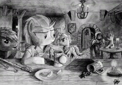 Size: 3041x2117 | Tagged: safe, artist:modecom1, lightning dust, medieval, monochrome, tavern, traditional art