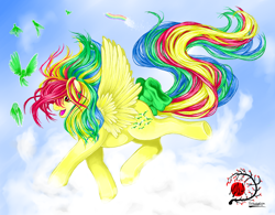 Size: 1356x1056 | Tagged: safe, artist:manasurge, skydancer, bird, pegasus, pony, g1, bow, cloud, flying, rainbow of light, solo, tail bow