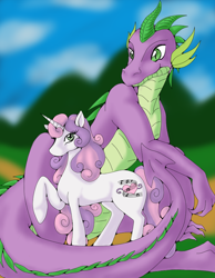 Size: 700x900 | Tagged: safe, artist:chitanzer, derpibooru import, spike, sweetie belle, dragon, older