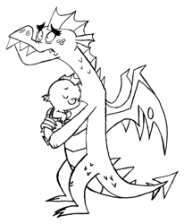 Size: 548x665 | Tagged: safe, artist:queencold, garble, oc, dragon, baby dragon, father, father and child, father and son, male, monochrome, parent and child, sketch, teenaged dragon