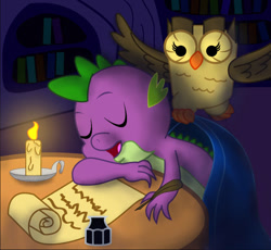 Size: 598x550 | Tagged: safe, artist:gimpcowking, owlowiscious, spike, dragon, candle, ink, scroll, sleeping