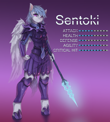 Size: 574x638 | Tagged: safe, artist:fruitbloodmilkshake, oc, oc only, oc:sentoki, anthro, pegasus, unguligrade anthro, armor, spear, stats