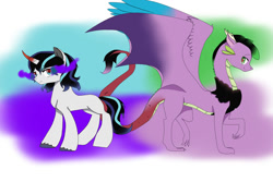 Size: 1095x730 | Tagged: safe, artist:mlpfimcp, oc, oc only, oc:arthur, oc:chaos, hybrid, interspecies offspring, magical gay spawn, offspring, parent:discord, parent:king sombra, parent:shining armor, parent:spike, parents:dispike, parents:shiningsombra