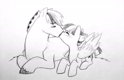 Size: 2368x1534 | Tagged: safe, artist:kianamai, oc, oc only, oc:fletcher, oc:starburst, earth pony, pegasus, pony, blushing, eyes closed, female, kilalaverse, kissing, male, monochrome, next generation, oc x oc, offspring, offspring shipping, parent:flash sentry, parent:twilight sparkle, parents:flashlight, pencil drawing, prone, shipping, straight, traditional art, unshorn fetlocks