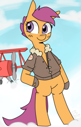 Size: 2017x3147 | Tagged: safe, artist:meowing-ghost, scootaloo, pony, bipedal, bomber jacket, clothes, cloud, cloudy, jacket, pilot, plane, solo