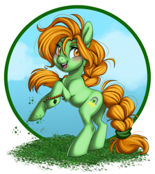 Size: 1118x1253 | Tagged: safe, artist:blithedragon, oc, oc only, oc:lucky charm, earth pony, pony, braid, braided tail, charm, clover, four leaf clover, hoofband, rearing, solo